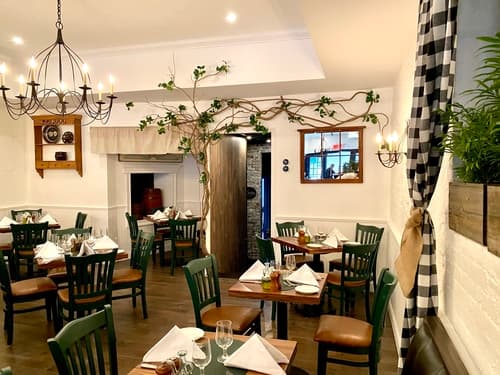 The dining room with wood tables, green chairs and a vine along the wall